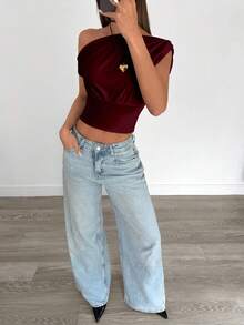 Siren Gaze Áo crop top nhún bèo bất đối xứng thanh lịch màu đỏ tía dành cho nữ, thích hợp mặc mùa hè, mặc hàng ngày - Màu Đỏ Sâu - Xem 4