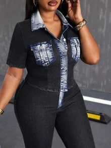 Slaydiva Plus Size Women's Contrast Color Short Sleeve Pocket Design Casual Denim Blouse