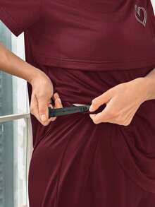 Moonlight&Mama 纯色牛奶丝心形印花孕妇睡衣套装 - 酒紅色 - 查看 4