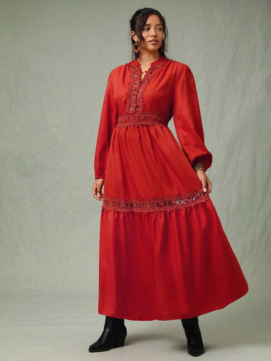 SHEIN VCAY Plus Size Red Autumn Boho Satin Party Dress For Women Elegant Lace Christmas Wedding Guest Winter Chic Business Casual Curve Fairycore Old Money - Rust Brown - View 1