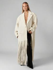 MISSGUIDED Áo khoác mùa đông dáng rộng cho nữ, dài ngang gối, có chi tiết tua rua, kiểu dáng maxi, thanh lịch, nổi bật cho buổi tối, sang trọng, thời thượng, thuộc bộ sưu tập Thu Đông. - Màu be - Xem 5
