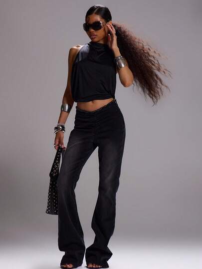 MUSERA Jeans de denim lavado con cintura ajustada y acampanada, sexy para salir, elegante para fiestas de otoño, navidad y eventos elegantes