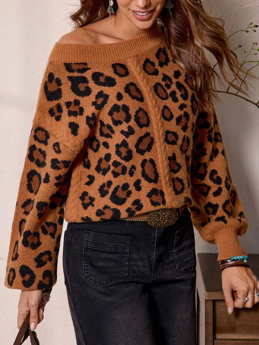 SHEIN LUNE Women's Fashion Casual Leopard Print Asymmetric Neck Western Style Sweater - Brown - View 1