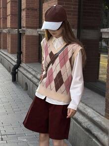 DAZY Teen Girls Loose Fit Diamond Pattern Sweater, Sweet Style For Autumn Vest - Pink - View 3