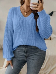 Calvaya Suéter informal de talla grande de unicolor con cuello en V y hombros caídos, otoño/invierno - Celeste - Ver 7