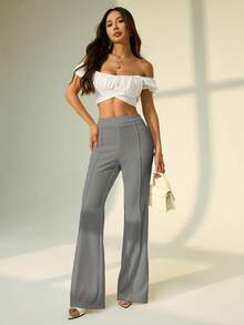 SHEIN PETITE Low Waist Solid Flare Leg Skinny Suit Pants Party Sexy Elegant Date Night Party Bell Bottom Pants Pants Flare Leg Flared Pants Gray Pants Flared Leggings - Grey - View 3