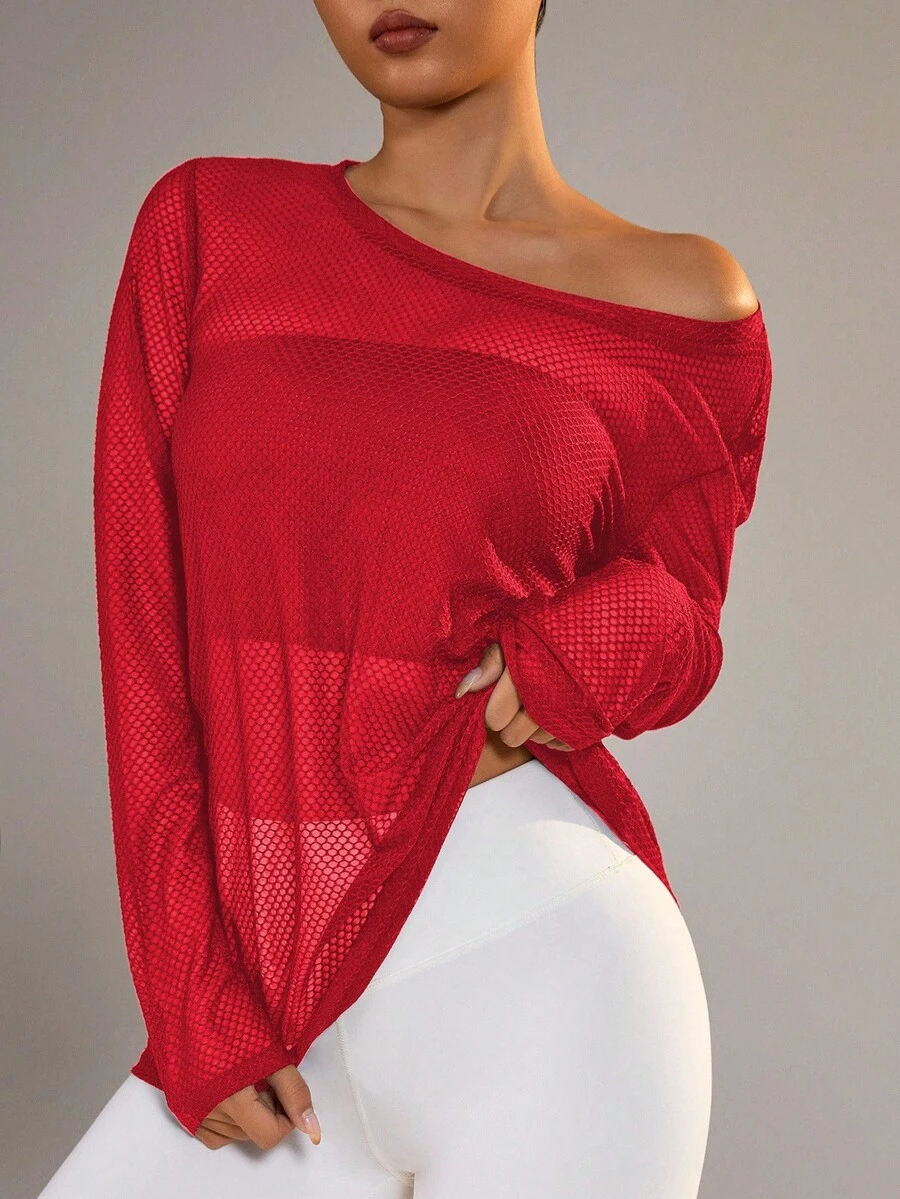 SHEIN Sports Women's Casual Solid Color Drop Shoulder Loose Mesh Long Sleeve Sports T-Shirt, Spring/Summer/Autumn - Red - View 1