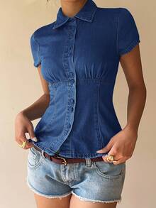 Siren Gaze Women's Casual Fitted Short Sleeve Denim Blouse, Blue Summer - Dark Wash - View 3