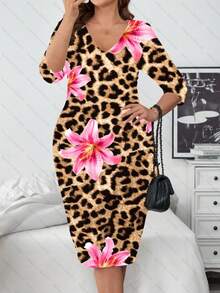 Modelyn 休闲简约大码连衣裙，V领，半袖