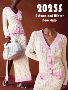 Zivah Conjunto de cárdigan con ribete de punto de cable y falda maxi con ribete rosa en contraste para otoño/invierno