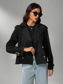 SHEIN Tall Áo khoác dạ ngắn màu đen thường ngày dành cho nữ có cổ ve và tay áo dài raglan bằng vải dệt có túi Áo khoác blazer cho nữ Áo khoác đen Áo khoác blazer ngắn cho nữ Áo khoác blazer nữ Quần áo thu đông cho nữ - màu đen - Xem 6