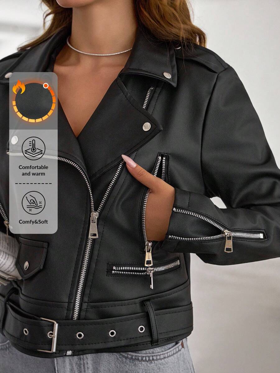 EURMUSE Zip Up PU Belted Detailed Leather Moto Jacket, For Autumn/Winter - Black - View 1