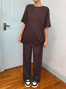 SHEIN Teen Girl Casual Loose Comfortable Solid Color Round Neck Short Sleeve T-Shirt And Pants Set - Brown - View 5