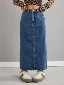 SHEIN Tween Girls Fashion Casual Y2k Vintage Cool Street Returns To School College Street Blue Denim Slit Washable Design Denim Skirt For Tween Girl Clothes Tween Girls Costume Dailywear And Tween Girl Winter And Fall Rave Outfits Festival And Outfits Streetwear School Clothes