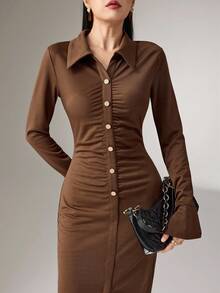 Heiryn Women's Solid Color Regular-Shoulder Flare Sleeve Front Button Ruched Dress, Brown Dress,Autumn Clothes For Women, Winter - Black and White - View 2