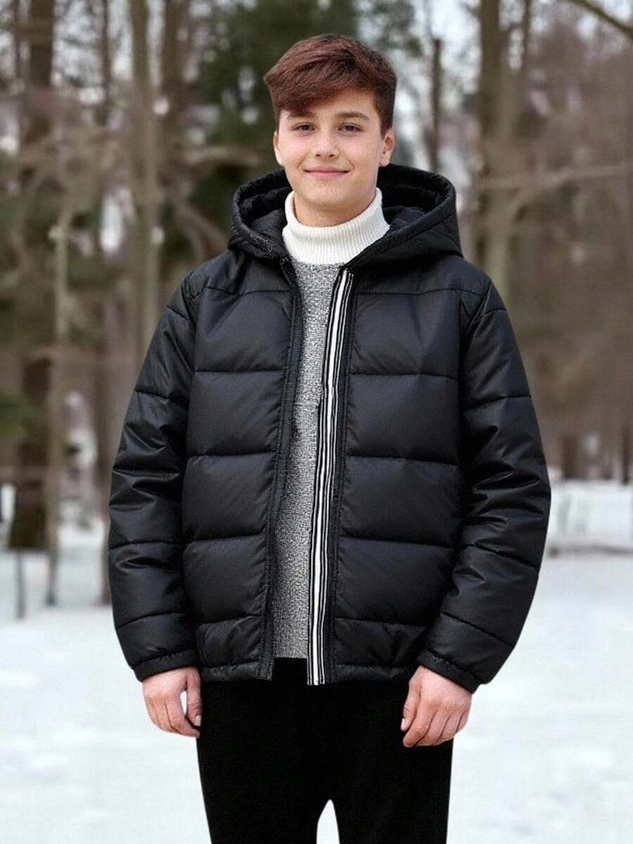 SHEIN Kids/Tween Boys' Casual Versatile Sports Black & White Ribbon Patchwork Thick Hooded Zip-Up Long Sleeve Winter Coat, Parka Coat Suitable For Commuting, School, Casual, Travel, Sports, Autumn/Winter, Teen Boys Winter Jacket, Boys Black Puffer Jacket Fall - Black - View 1