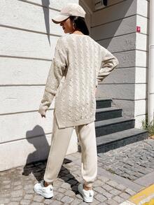 EURMUSE Cable Knit Drop Shoulder Split Hem Sweater & Knit Pants - Apricot - View 2