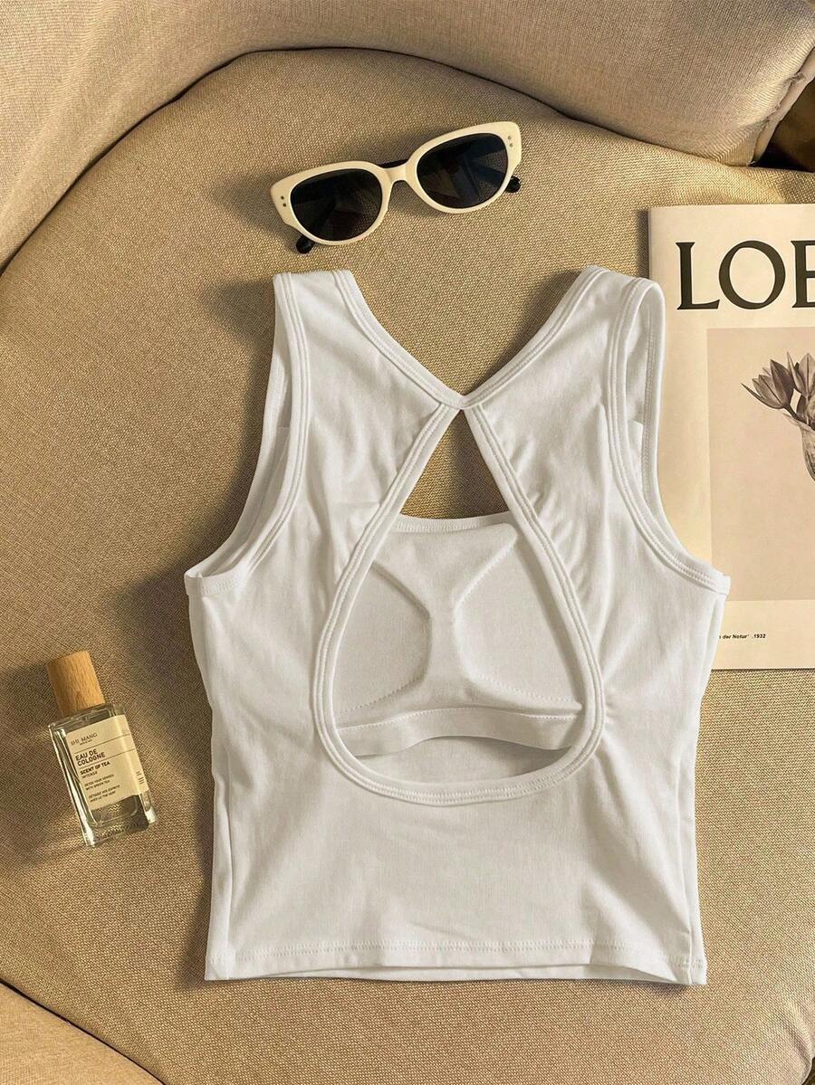 INAWLY Áo ba lỗ cổ tròn hở lưng màu trơn đơn giản dành cho nữ - trắng - Xem 1