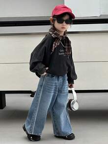 DAZY 幼儿男童宽松直筒牛仔裤，休闲街头风格，秋季 - 中等水洗藍 - 查看 2