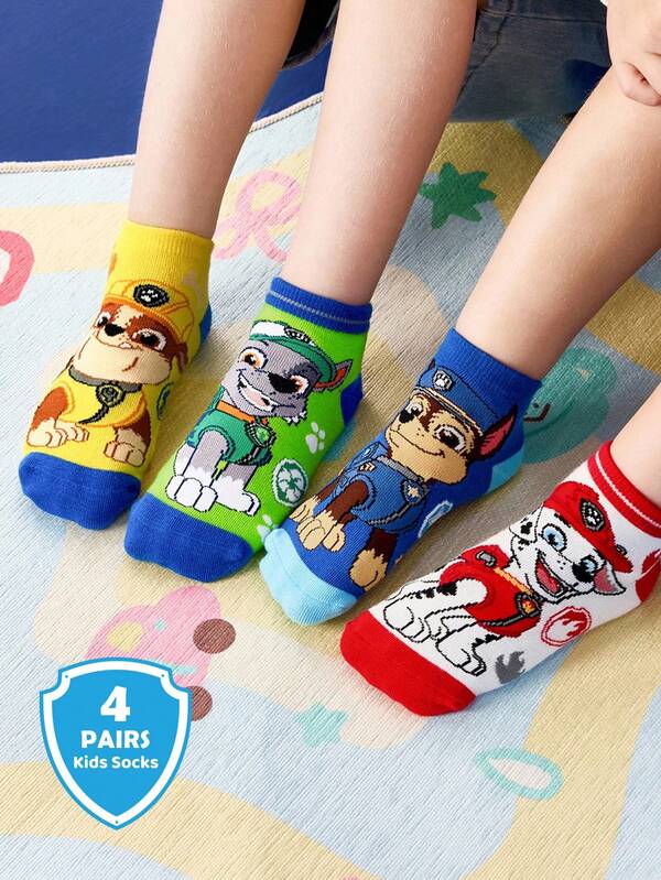SHEIN | PAW Patrol 4 Pairs Cotton Soft & Breathable Moisture-Wicking Kids Short Socks Colorful Cute Cartoon Pattern Ankle Socks Reinforced Toe & Heel For Durability Unisex For Boys & Girls All Seasons All-Match School & Outdoor Summer Winter,Dogs,Chase,Rubble