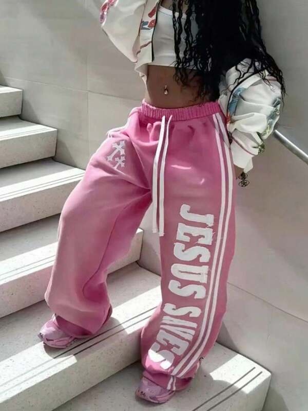 Rovax Fashionable & Streetwear Suitable For Street Photography, Spring/Summer Season, English Letter & Cross Pattern Design, Suitable For Outerwear Pants, Women's Wide-Leg Pants With Curved Hem