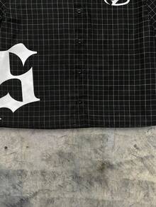 AXEPEAK 男士超大字母格子短袖梭织衬衫，街头风版 - 黑色 - 查看 3