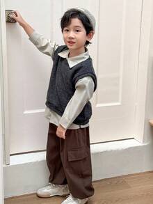 Genkimix Kids 3件套小男孩纯色休闲背心+纯色休闲衬衫+口袋装饰休闲锥形裤套装