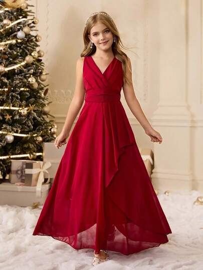 女孩优雅的勃艮第无袖中长连衣裙，适合晚会、婚礼、生日、毕业典礼、圣诞节、万圣节和其他场合