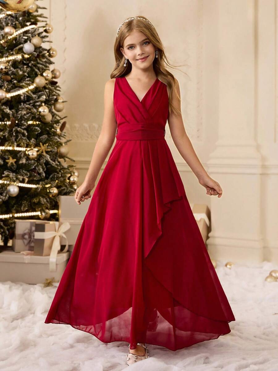 女孩优雅的勃艮第无袖中长连衣裙，适合晚会、婚礼、生日、毕业典礼、圣诞节、万圣节和其他场合