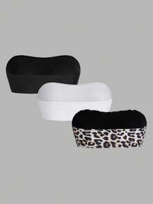 Swim SXY Plus Size 3pcs Set: Solid & Leopard Print Tube Top Swimwear Top Summer