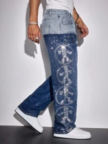 ROMWE MEN Street Life Men's Rhinestone Patchwork Contrast Color Denim Jeans - Blue - View 5