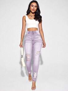SHEIN Essnce Casual Washed Distressed Slim Fit Denim Jeans,Christmas,  Christmas Women's Clothing ,Christmas Clothes ,New Autumn And Winter Purple Light Purple Pants, Y2K Ripped Stretch Street Leggings, Skinny Jeans - Purple - View 6