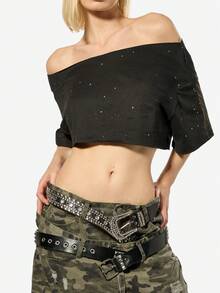 SUMWON WOMEN Off Shoulder Sparkle Cropped Top With Metallic Stars For Evening Occasions - Black - View 4