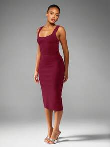 MISSGUIDED Luxurious Scoop Neck Bandage Midi Dress Elegant Form Fitting Business Evening Party Special Occasion Office Holiday Wedding Guest Winter Fall - Burgundy - View 1
