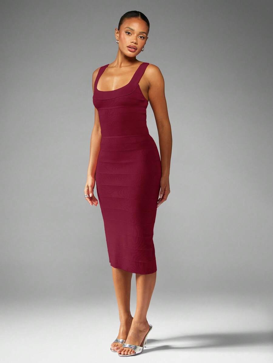 MISSGUIDED Luxurious Scoop Neck Bandage Midi Dress Elegant Form Fitting Business Evening Party Special Occasion Office Holiday Wedding Guest Winter Fall - Burgundy - View 1