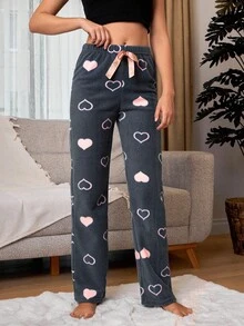 RueChic Fleece Contrast Heart Printed Lounge Bottom - Black - View 5