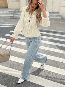 SHEIN Frenchy Áo sơ mi nữ tay dài xếp ly đơn sắc, thường ngày - Vàng nhạt - Xem 3