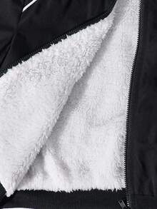 SHEIN 男童休闲舒适保暖连帽加厚外套，带口袋，黑色，白色内衬，秋冬季 - 黑色 - 查看 6