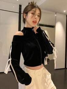 DAZY 女士天鹅绒撞色拼布蝴蝶结短款运动衫、长袖上衣、秋季服装夹克拉链