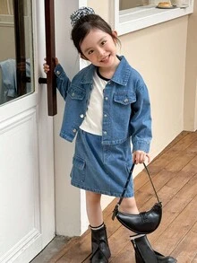 Genkimix Kids 3pcs/Set Young Girl Autumn School Back-To-School Outfit,Patchwork Heart Embroidered Vest,Denim Jacket,Casual Skirt,Fashion Street Style Fall Winter - Blue - View 6
