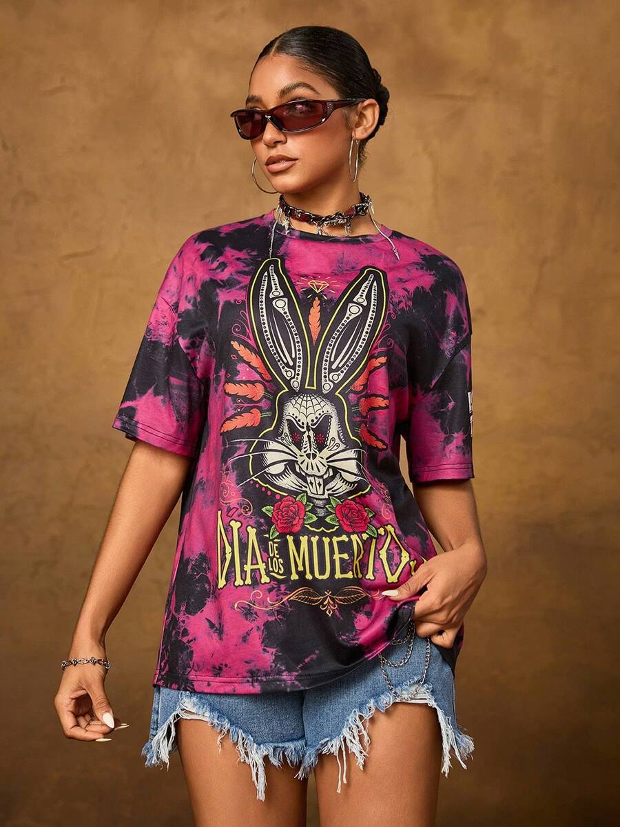 LOONEY TUNES X SHEIN Áo thun dáng rộng in họa tiết thỏ và chữ đầu lâu thời trang đường phố dành cho nữ, mùa hè - trắng - Xem 1