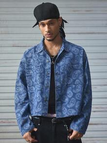 AXEPEAK Camisa vaquera de manga larga con botones y bolsillo delantero con estampado total para hombre, otoño - Azul - Ver 1