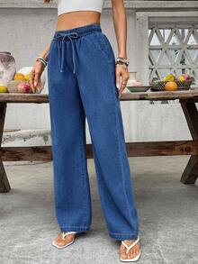 Breezaya Women's Casual Commuter Versatile Solid Color Drawstring Waist Slant Pocket Straight Leg Jeans - Dark Wash - View 3