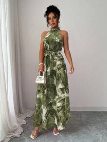 Elenzga Elegant Floral Print Dress, Suitable For Commuting And Island Vacation