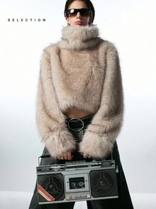 LYSMO 女士蓬松长袖短款高领保暖套头衫外套，冬季时尚