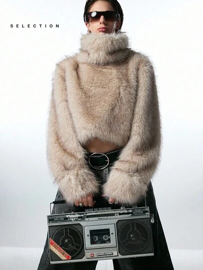 LYSMO 女士蓬松长袖短款高领保暖套头衫外套，冬季时尚