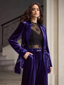 ZEYLAH 女士优雅水钻链条腰带天鹅绒阔腿西装裤，秋冬 - 紫色 - 查看 7