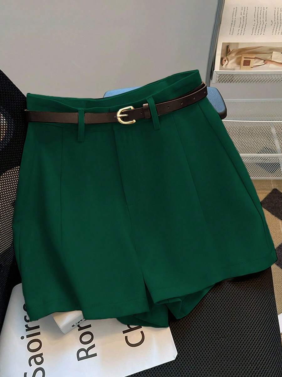 Franclia Casual & Commuting Fashion Versatile Mid-High Waist Belted Summer New Solid Color Khaki Women Shorts - Dark Green - View 1