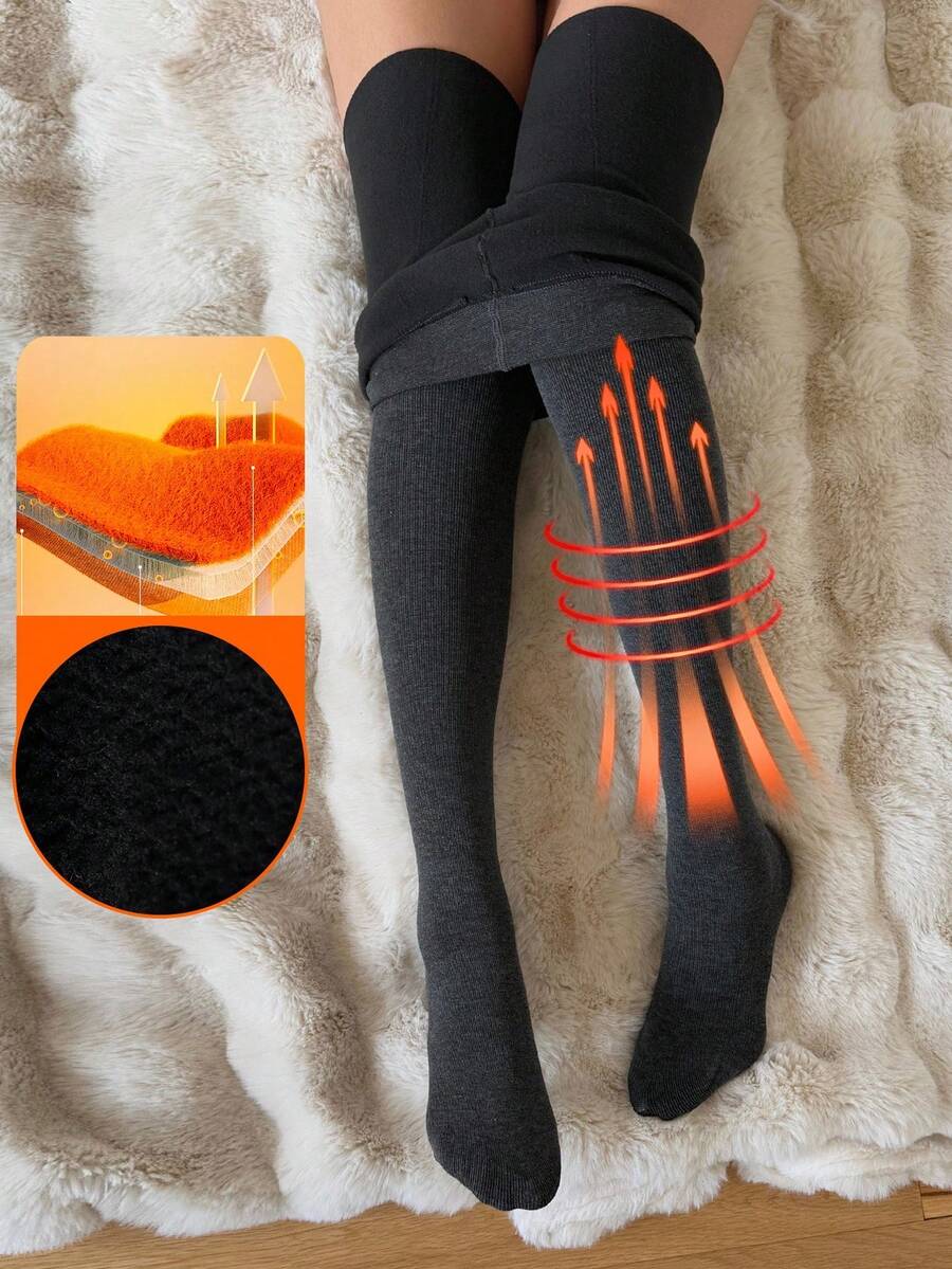 DAZY 女士保暖内衬紧身裤，修身卡通腿部设计，防滑，秋冬女士羊毛紧身裤 - 深灰色 - 查看 1