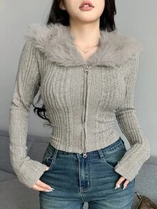 DAZY Women's Plush Collar Patchwork Fitted Short Cardigan, Long Sleeve T-Shirt, Autumn/Winter